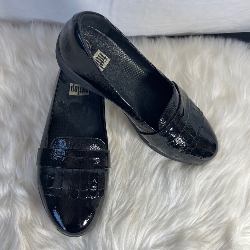 Fitflop Black Patent Leather Kiltie Loafers